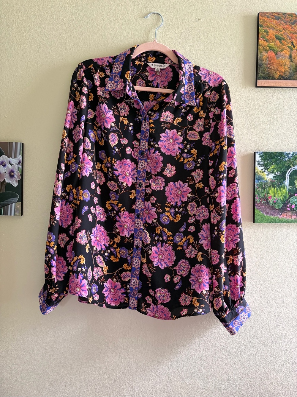 Nanette Lepore Button-Down Shirt with Pink and dark Navy Floral Print